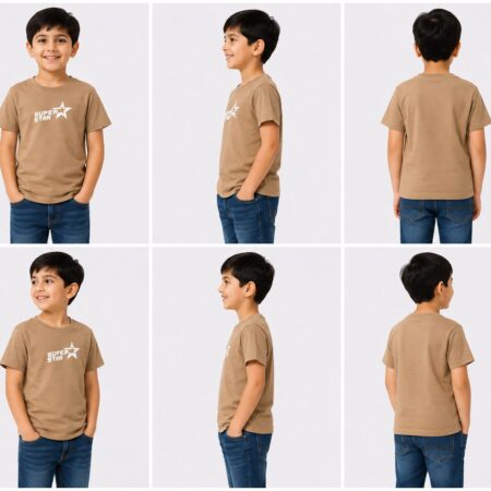 Boys Camel Brown Super Star Printed Half Sleeves T-Shirt