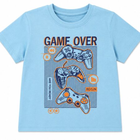 Boys Sky Blue Game Over Gaming Controller Graphic Half Sleeves T-Shirt