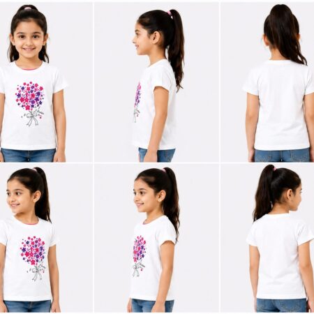 Girls White Floral Bouquet Print Half Sleeves T-Shirt
