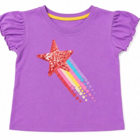 Girls Purple T-Shirt with Sequin Star and Rainbow Print