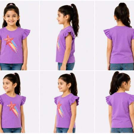 Girls Purple T-Shirt with Sequin Star and Rainbow Print