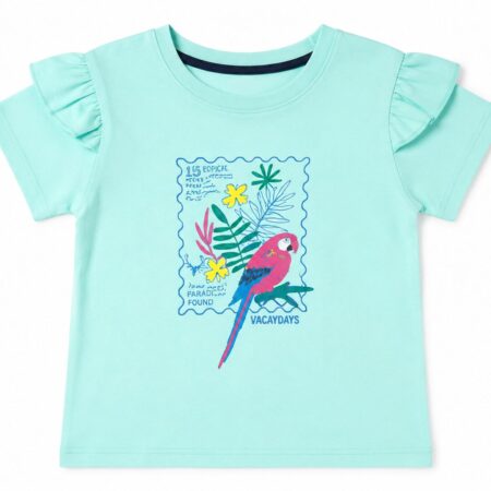 Girls Mint Green T-Shirt with Tropical Bird Graphic Print