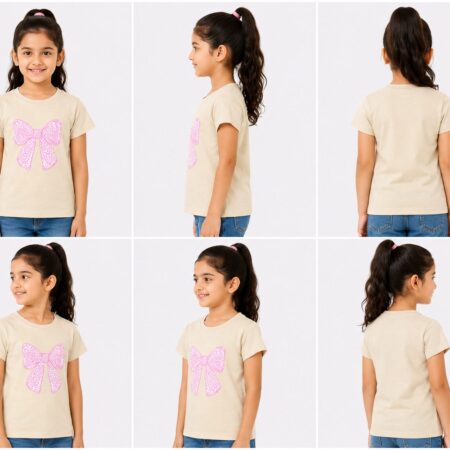 Girls Cream T-Shirt with Pink Bow Graphic Print