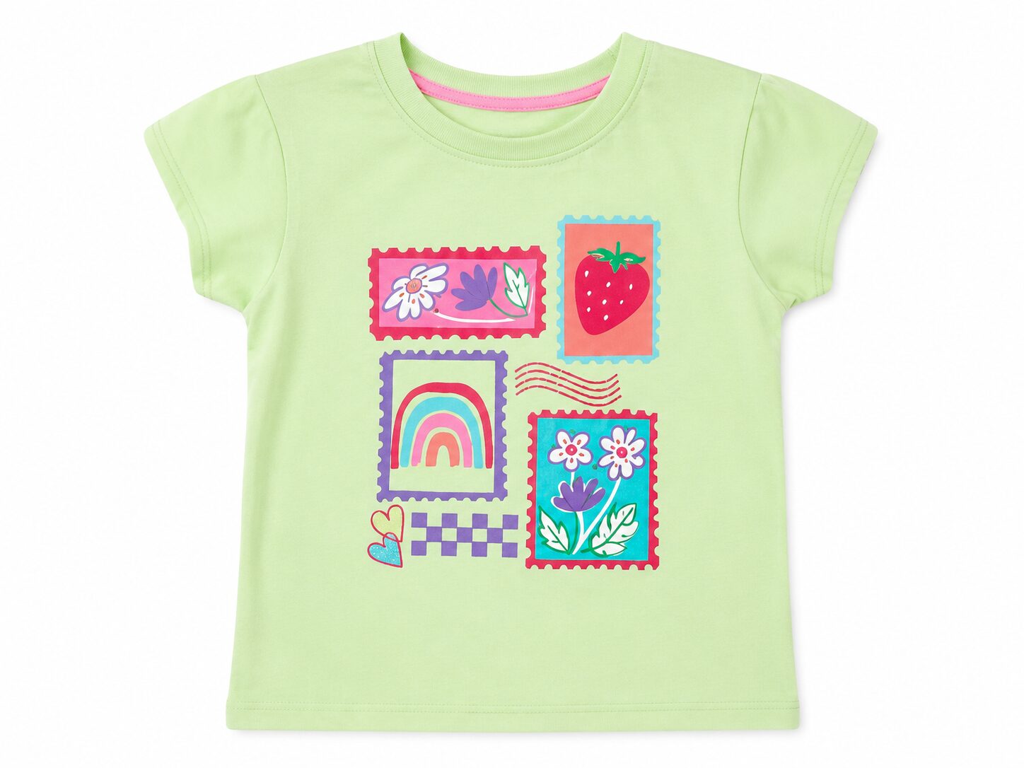 Girls Light Green T-Shirt with Rainbow and Strawberry Graphic Print