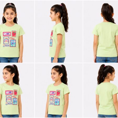 Girls Light Green T-Shirt with Rainbow and Strawberry Graphic Print