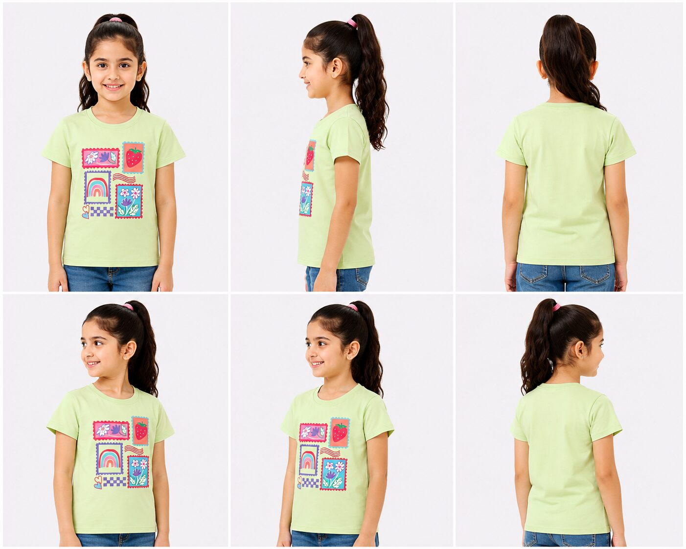 Girls Light Green T-Shirt with Rainbow and Strawberry Graphic Print