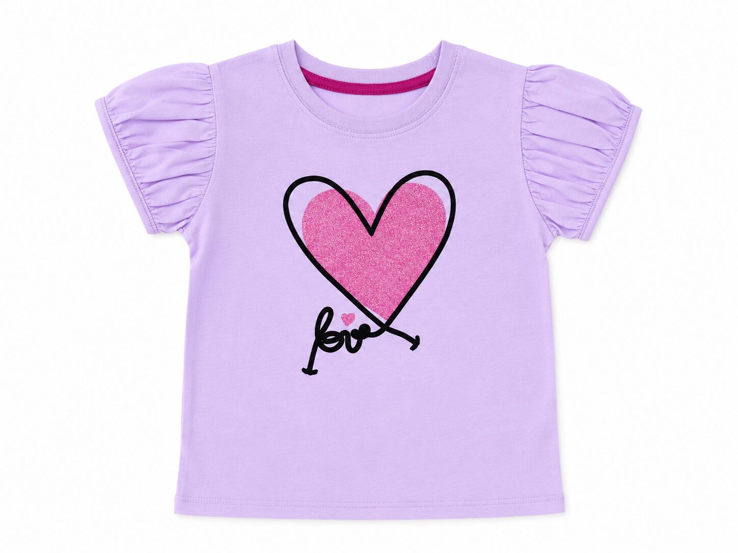 Girls Lavender T-Shirt with Pink Heart Love Graphic Print