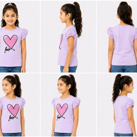 Girls Lavender T-Shirt with Pink Heart Love Graphic Print