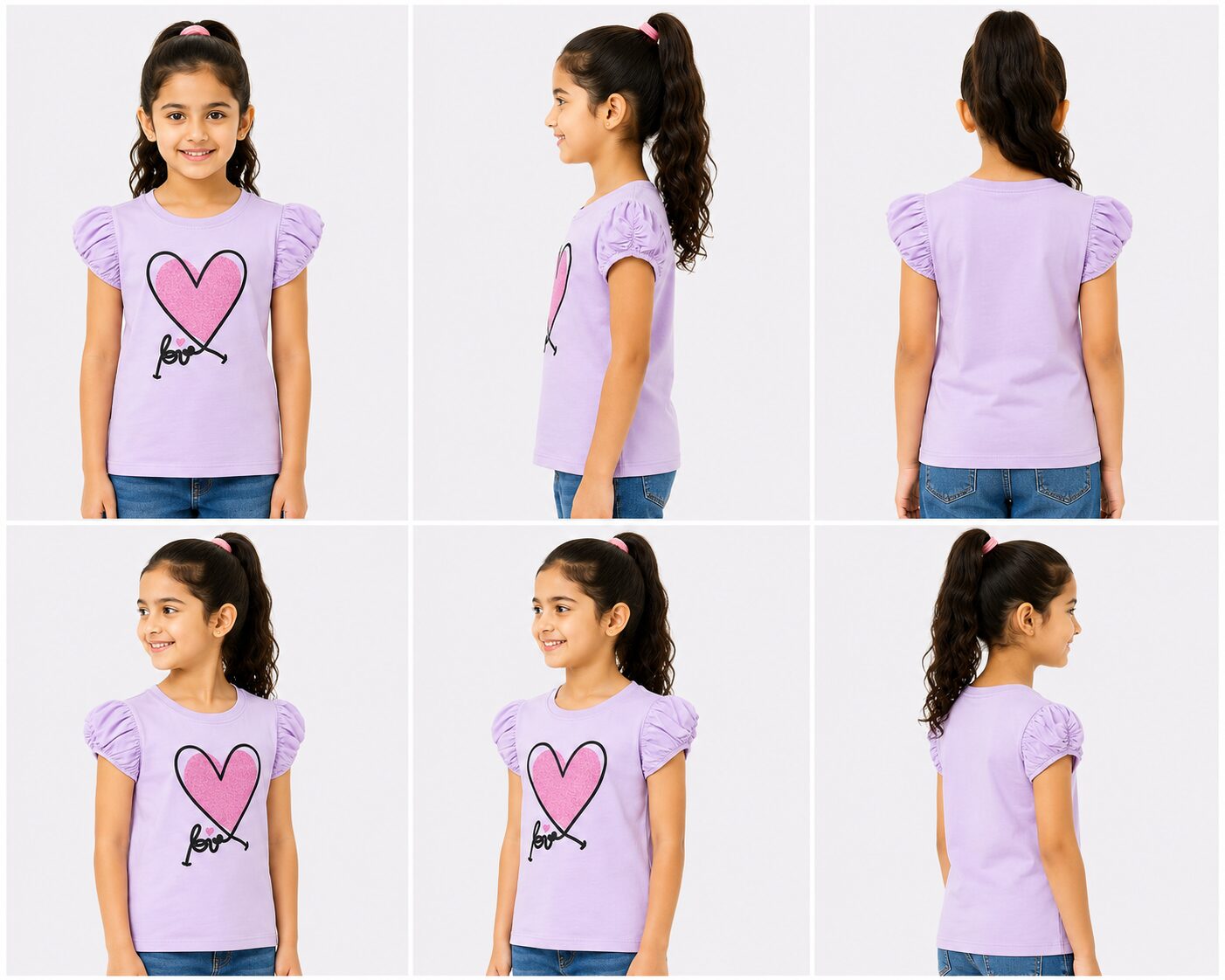 Girls Lavender T-Shirt with Pink Heart Love Graphic Print