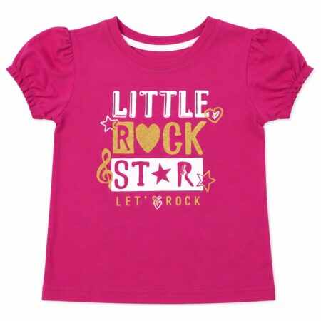 Girls Pink Little Rock Star Graphic Printed Puff Sleeve T-Shirt