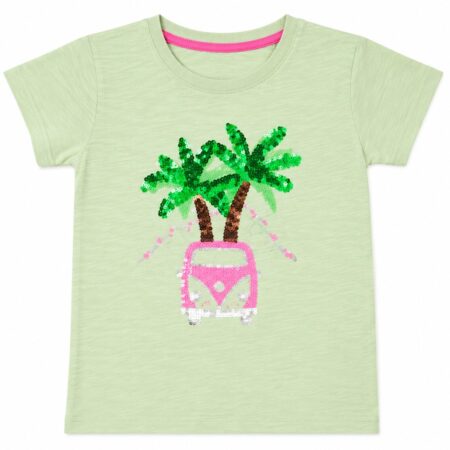 Girls Mint Green T-Shirt with Palm Tree Sequin Design