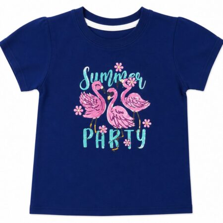 Girls Navy Blue T-Shirt with Flamingo Summer Party Print