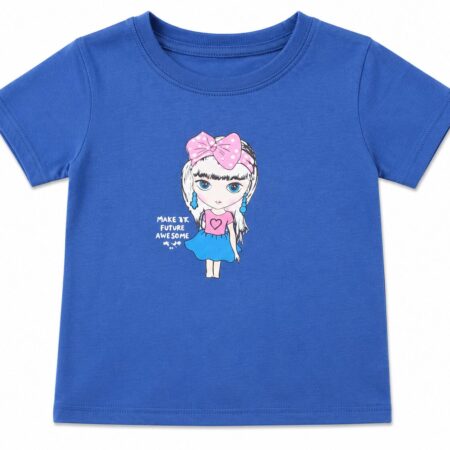 Girls Blue Doll Print Half Sleeves T-Shirt for Kids