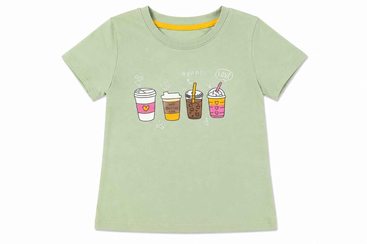 Girls Mint Green Coffee Cups Print Half Sleeves T-Shirt