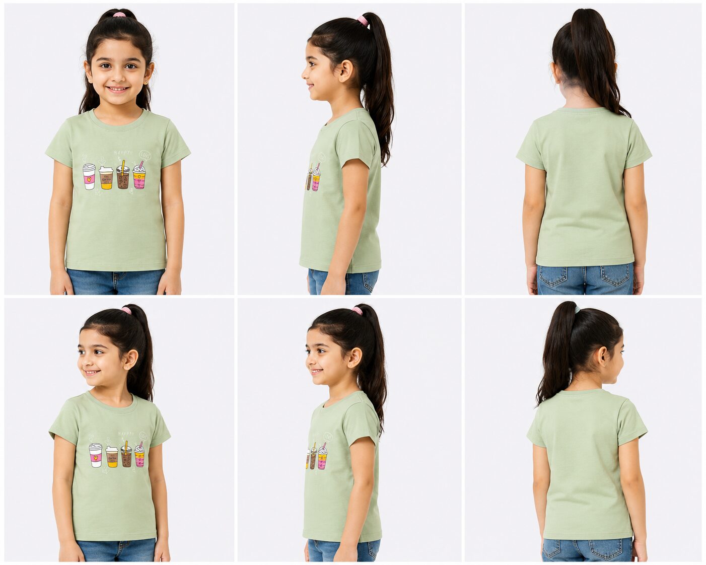 Girls Mint Green Coffee Cups Print Half Sleeves T-Shirt